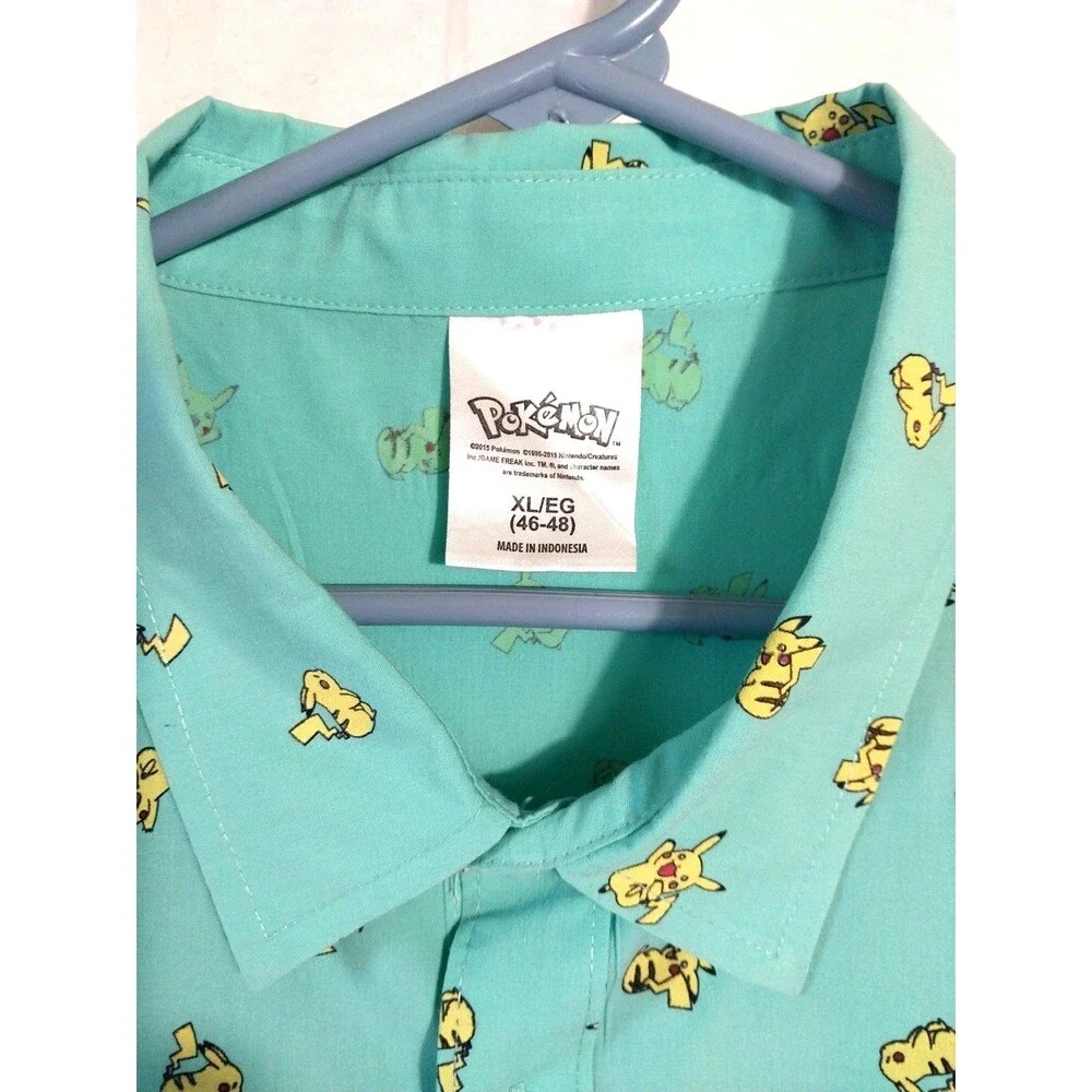 Pokemon Shirt Men's X-Large (46-48) Green Pikachu Button Up Short Sleeve Casual - Picture 3 of 9